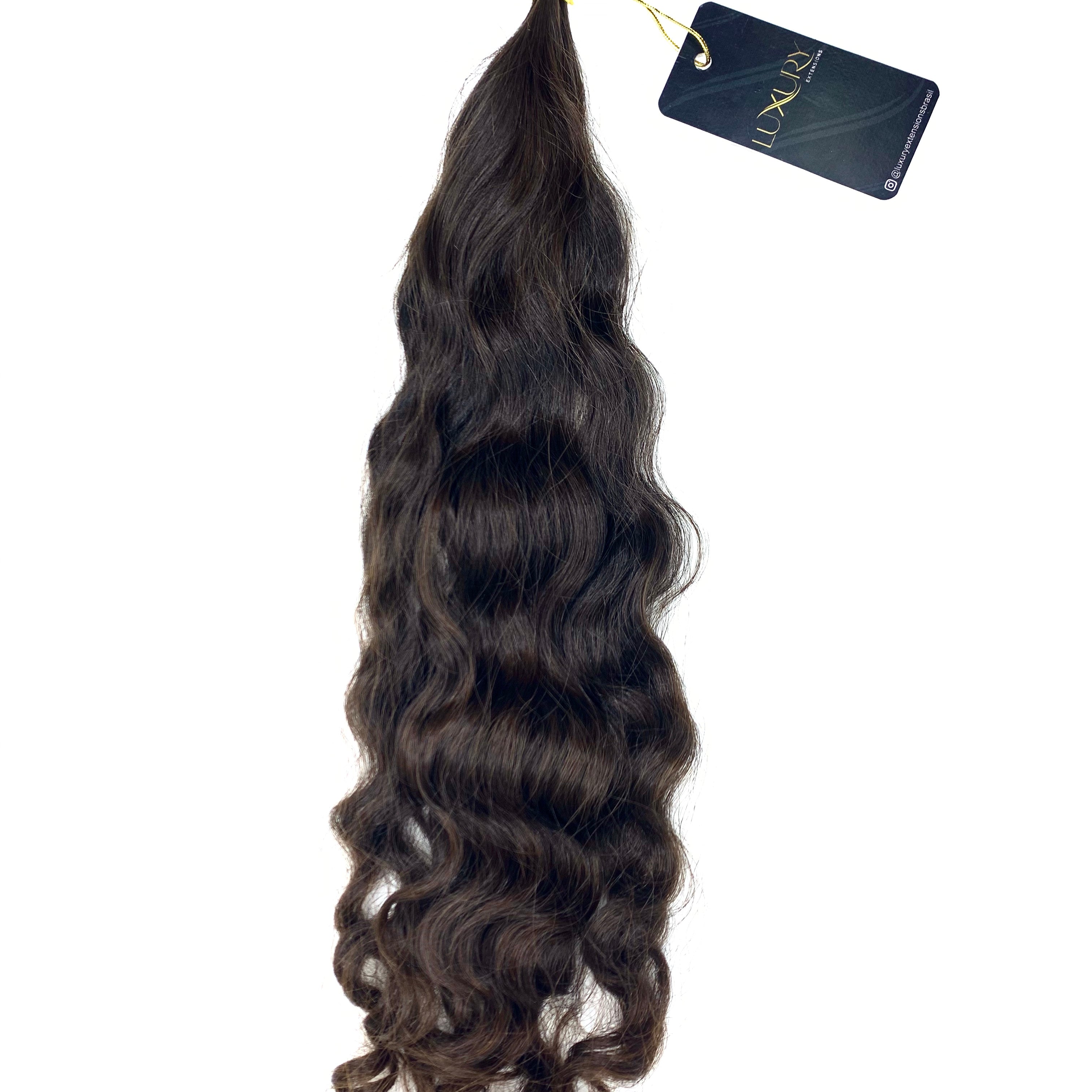 CABELO HUMANO BRASILEIRO DO SUL CASTANHO CLARO CACHEADO 45 CM 70 GRAMAS - Luxury Extensions Brasil